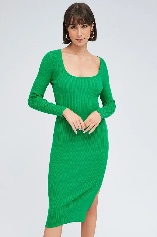 Green Dress Long Sleeve Midi Knit