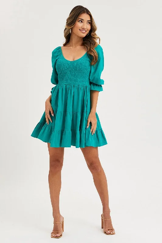 Green Fit And Flare Dress Long Sleeve Sweetheart Neck