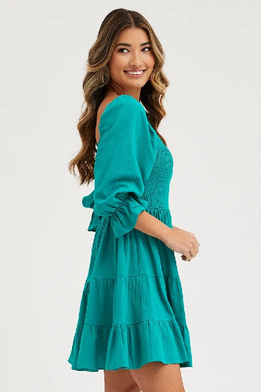 Green Fit And Flare Dress Long Sleeve Sweetheart Neck