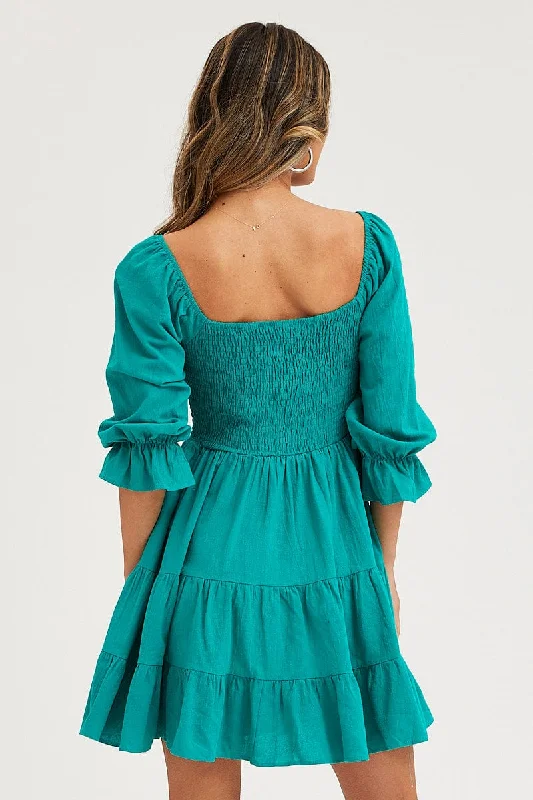 Green Fit And Flare Dress Long Sleeve Sweetheart Neck