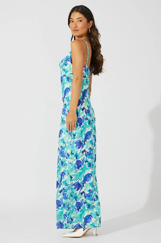 Green Floral Maxi Dress Slip Cami Watercolour Print