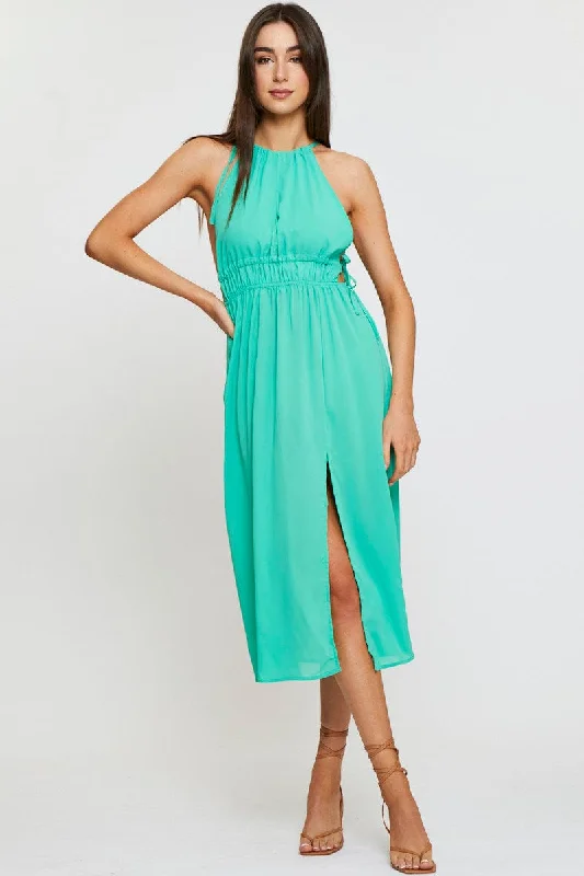 Green Midi Dress Sleeveless Front Split