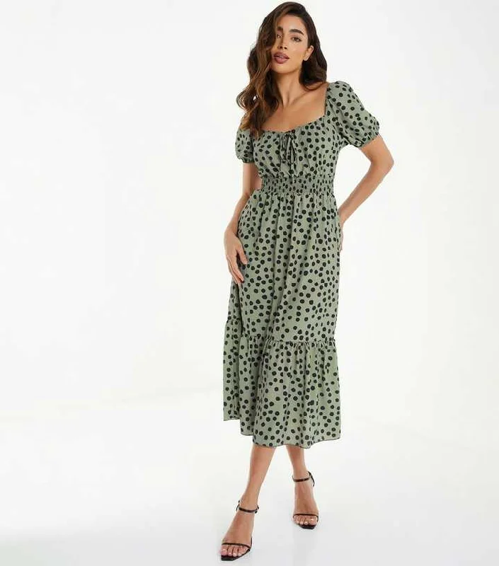 Olive Polka Dot Tiered Midaxi Dress