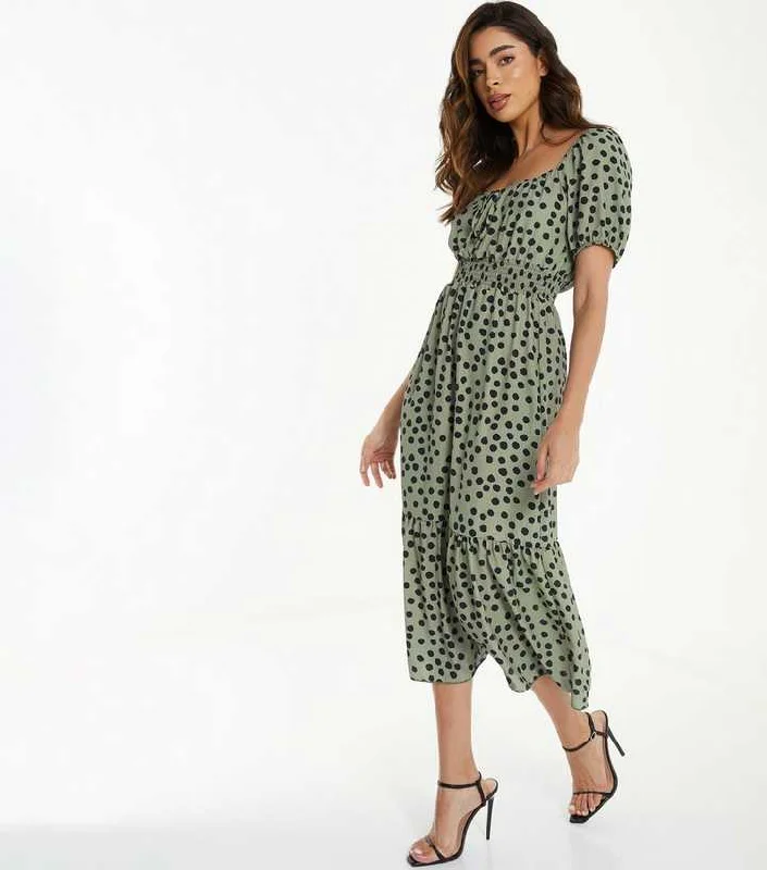 Olive Polka Dot Tiered Midaxi Dress