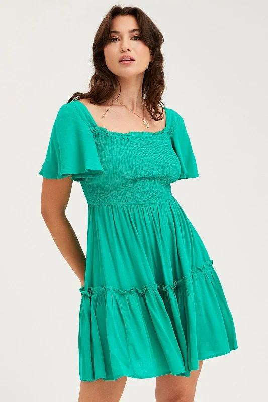 Green Skater Dress Short Sleeve Mini