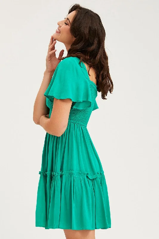 Green Skater Dress Short Sleeve Mini