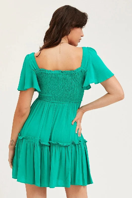 Green Skater Dress Short Sleeve Mini