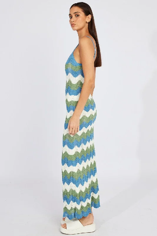 Green Stripe Knit Dress Maxi Strappy