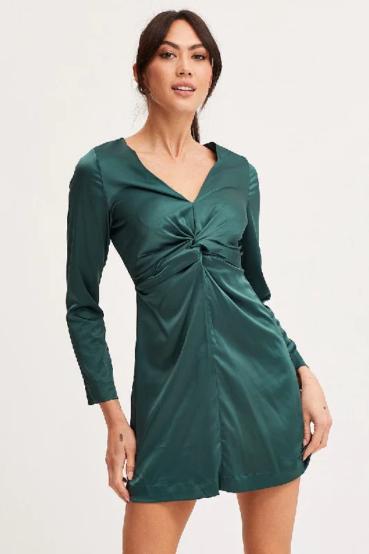 Green Twist Front Dress Long Sleeve Mini