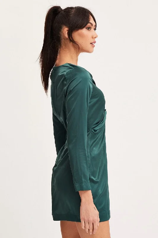 Green Twist Front Dress Long Sleeve Mini