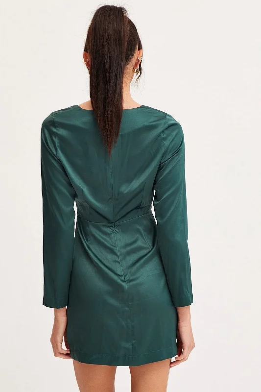 Green Twist Front Dress Long Sleeve Mini