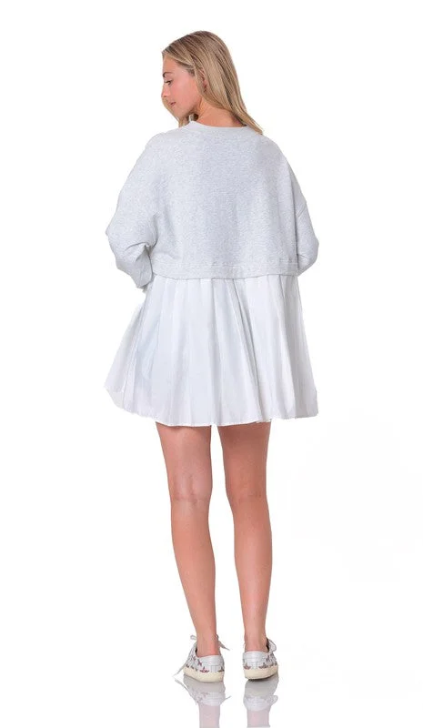 Grey Fleece Top Babydoll Dress with Pleated Bottom