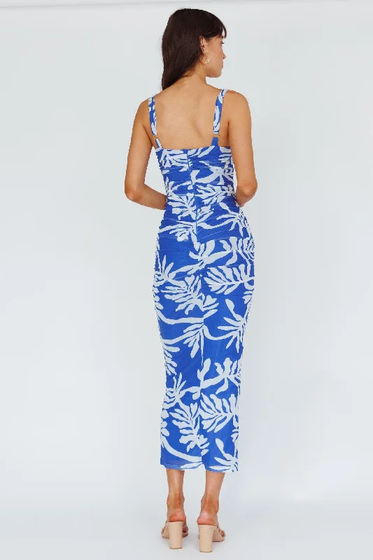 Hawaiian Sun Ruched Bust Midi Dress Print Blue