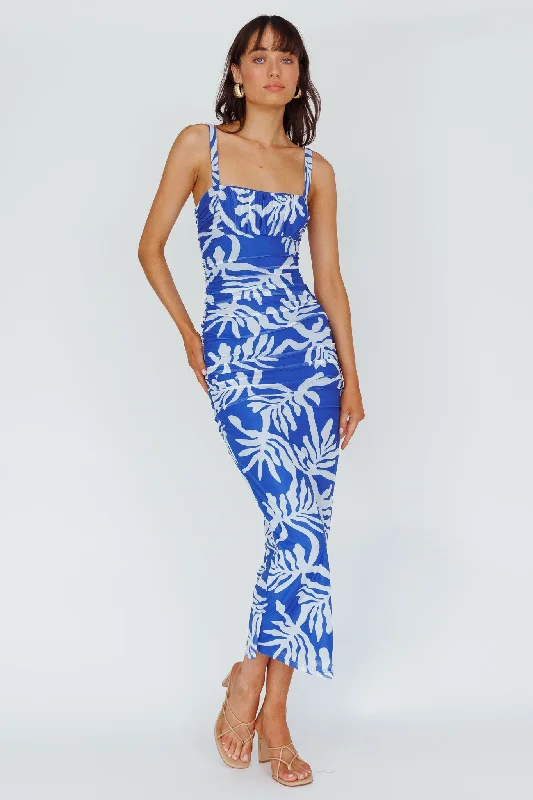 Hawaiian Sun Ruched Bust Midi Dress Print Blue