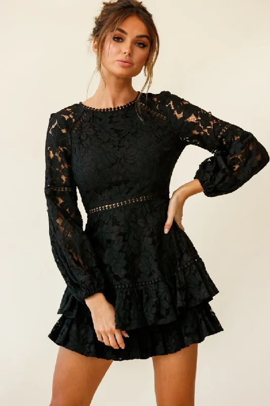 Henrietta Lace Overlay Long Sleeve Ruffle Dress Black