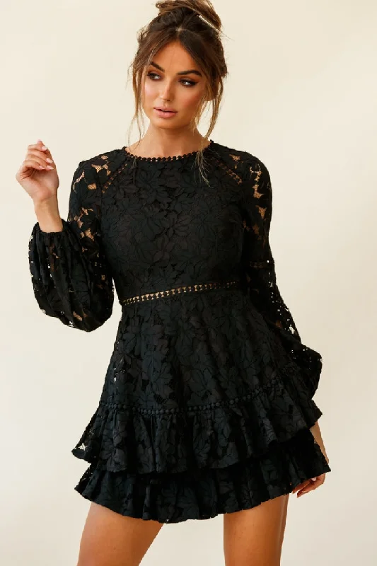 Henrietta Lace Overlay Long Sleeve Ruffle Dress Black