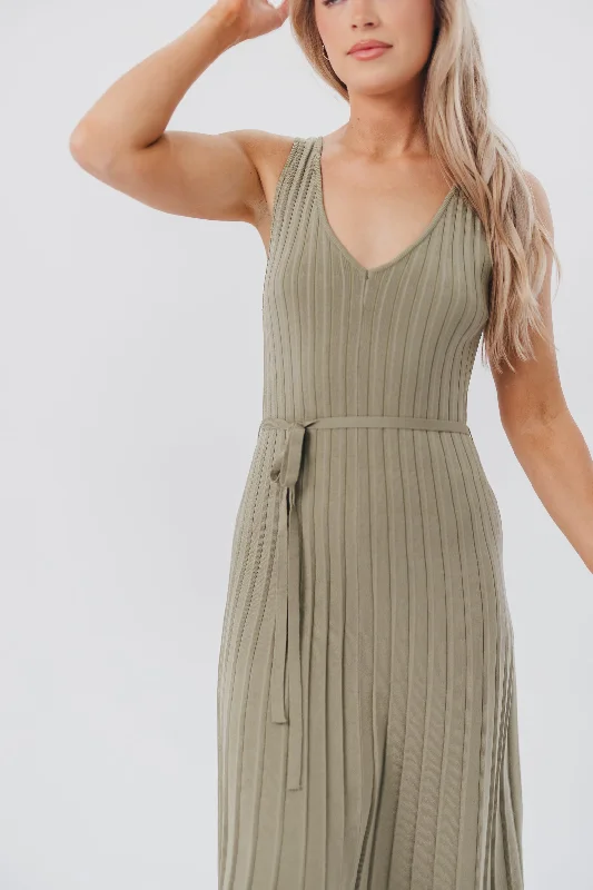 Marissa Knit Maxi Dress with Pleated Skirt and Tie Waist in Light Olive