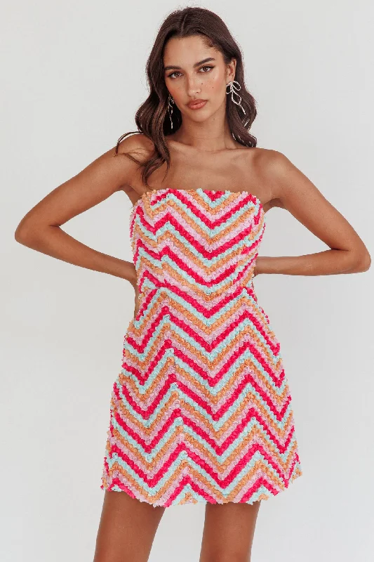 In Paris Embellished Chevron Mini Dress Fuchsia