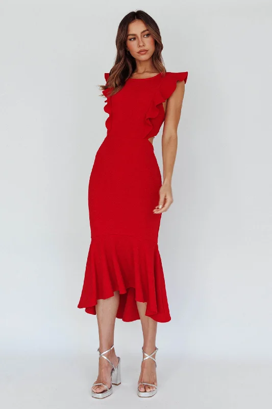 Jackie Wide Ruffle Hem Pinafore Midi Dress Red