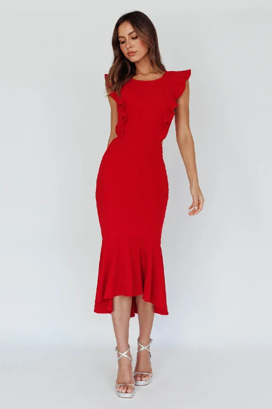 Jackie Wide Ruffle Hem Pinafore Midi Dress Red