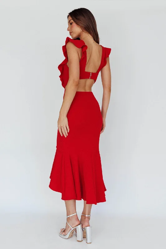 Jackie Wide Ruffle Hem Pinafore Midi Dress Red