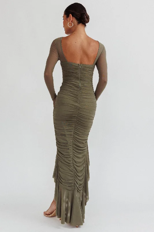 Jozelle Long Sleeve Ruched Maxi Dress Olive