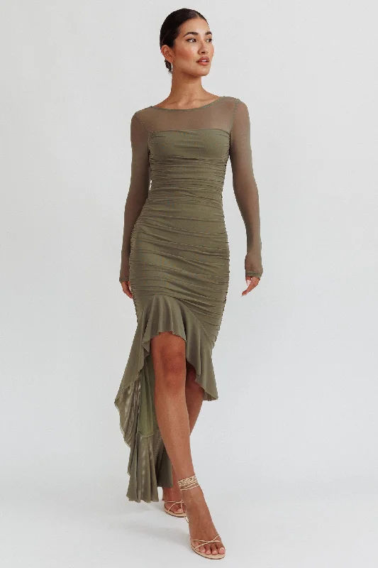 Jozelle Long Sleeve Ruched Maxi Dress Olive