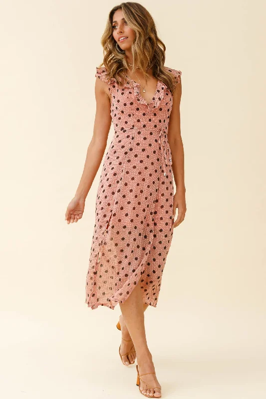 Karina Frill Neckline Midi Dress Polka Dot Print Rust