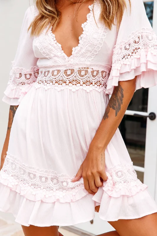 Kauai V-Neckline Crochet Lace Trim Dress Pink