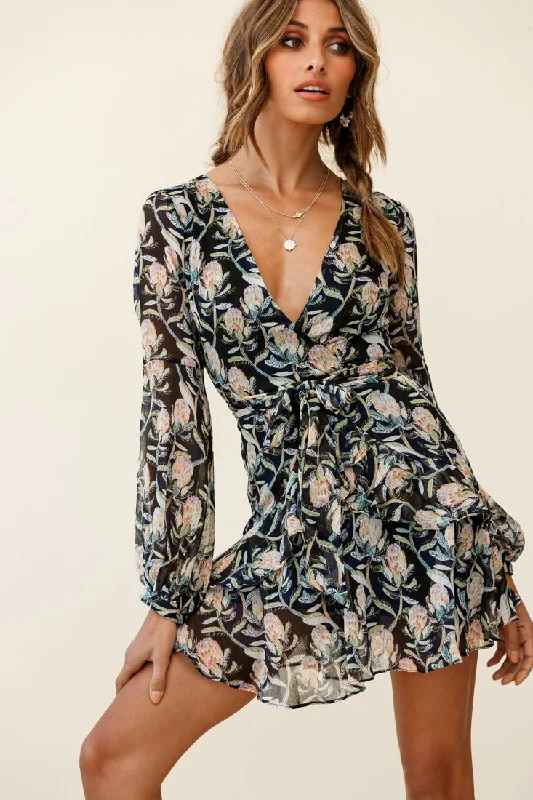 Kerry Layered Balloon Sleeve Dress Banksia Print Black