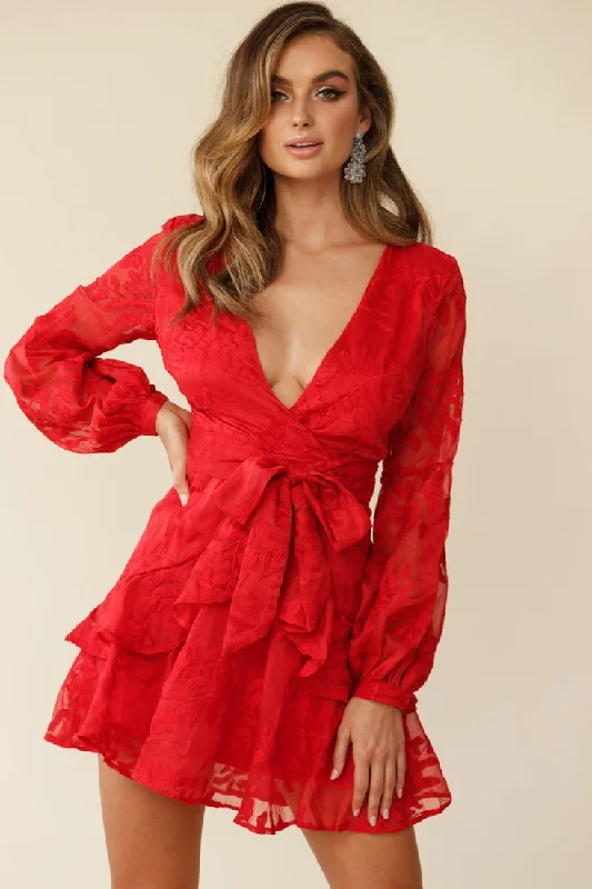 Kerry Layered Balloon Sleeve Dress Floral Embroidered Red