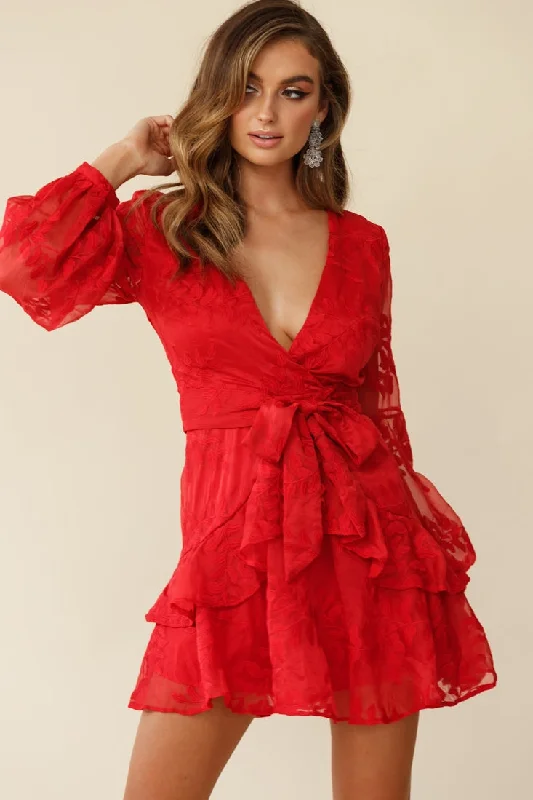 Kerry Layered Balloon Sleeve Dress Floral Embroidered Red