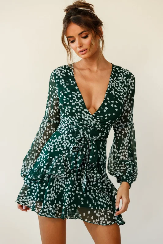 Kerry Layered Balloon Sleeve Dress Flower Print Forest Green