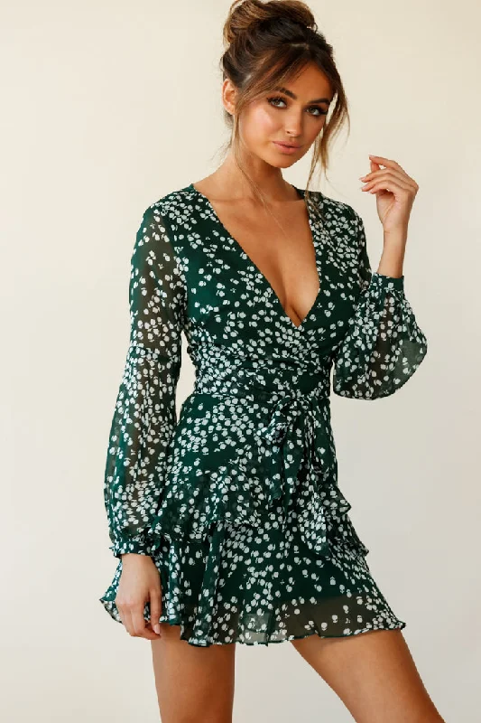 Kerry Layered Balloon Sleeve Dress Flower Print Forest Green