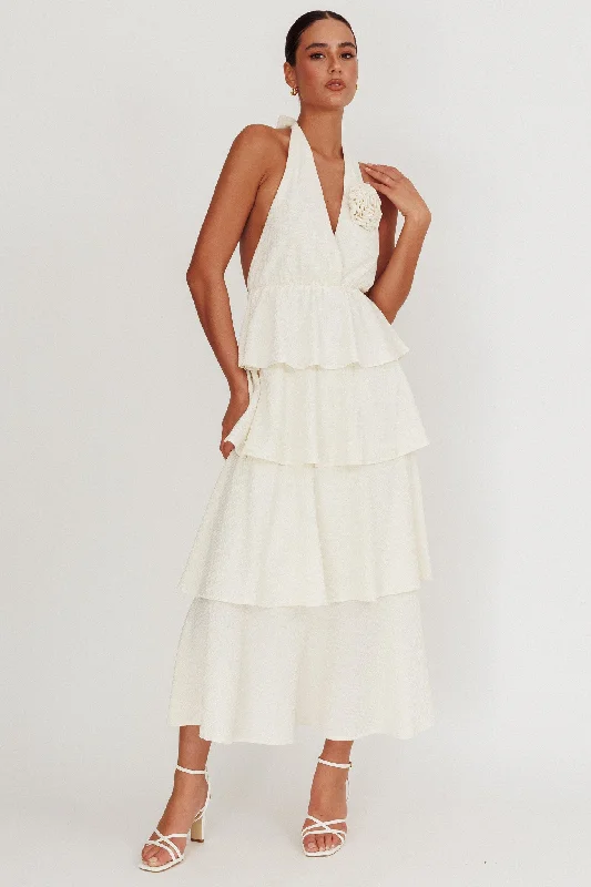 Kimberley Halter Neck Ruffle Maxi Dress Beige