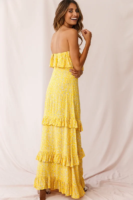 Kiya Layered Bandeau Maxi Dress Leaf Print Mustard