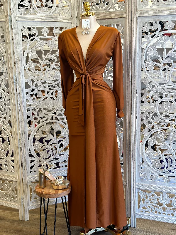 Knotted Bronze Maxi Dress- Stretchy, Estira