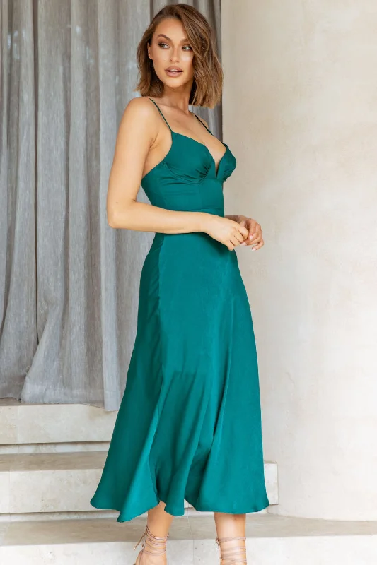 Lake Como Fitted Bodice Cami Strap Midi Dress Forest Green