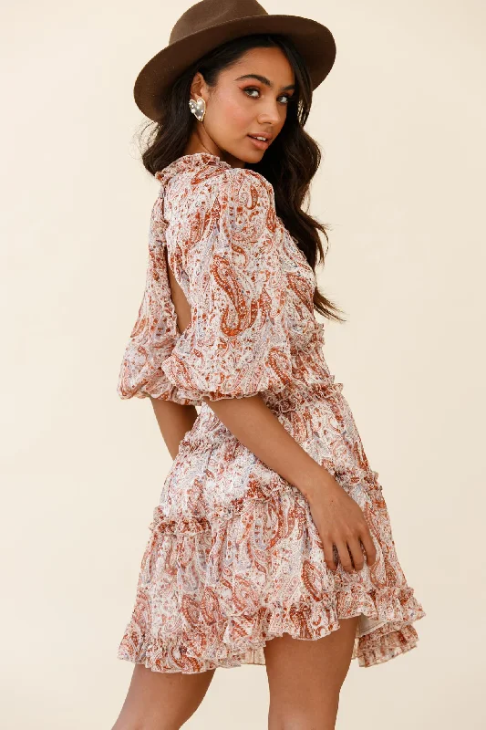 Laney Cutout Back Ruffle Trim Dress Paisley Print Rust