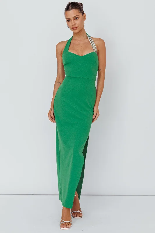 Leading Role Diamante Strap Halter Dress Green