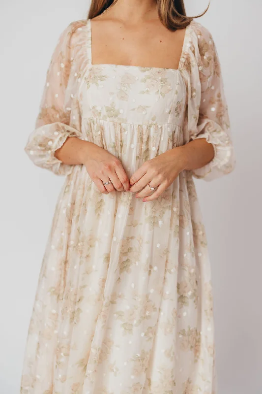 Mona Maxi Dress with Smocking in Cream Floral - Bump Friendly & Inclusive Sizing (S-3XL)