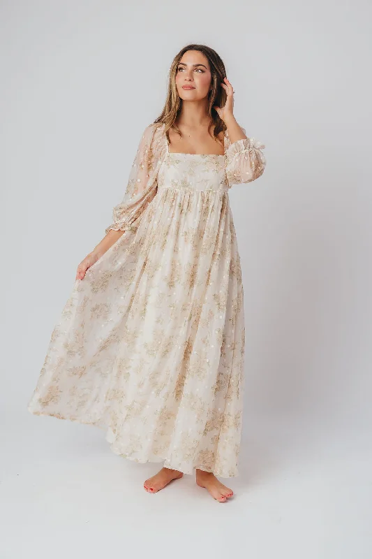 Mona Maxi Dress with Smocking in Cream Floral - Bump Friendly & Inclusive Sizing (S-3XL)