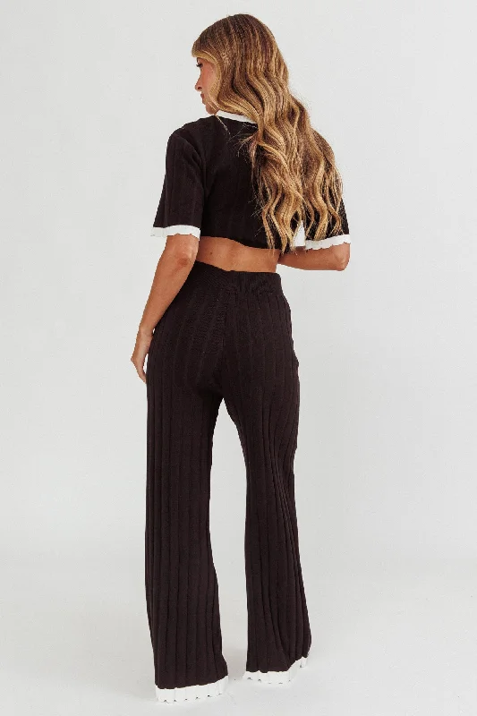 Liloh Contrast Trim Ribbed Knit Pants Black