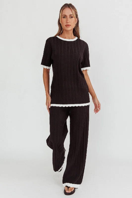 Liloh Contrast Trim Ribbed Knit Pants Black