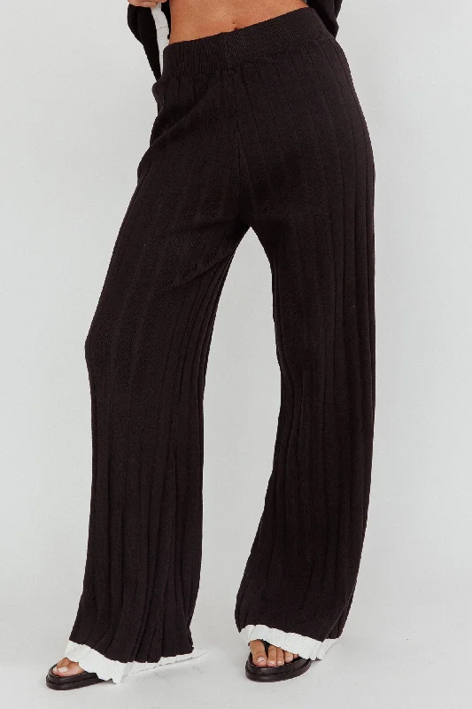 Liloh Contrast Trim Ribbed Knit Pants Black