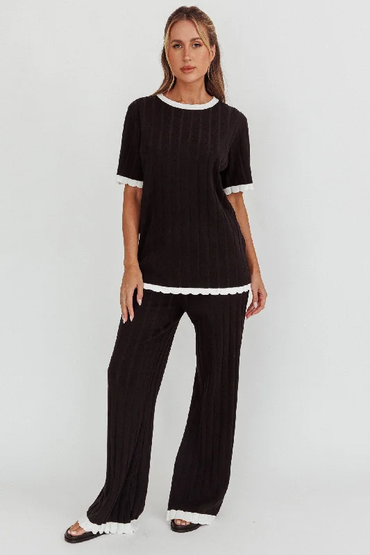 Liloh Contrast Trim Ribbed Knit Pants Black