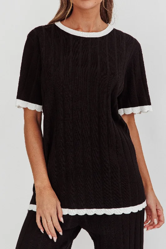 Liloh Contrast Trim Ribbed Knit Top Black