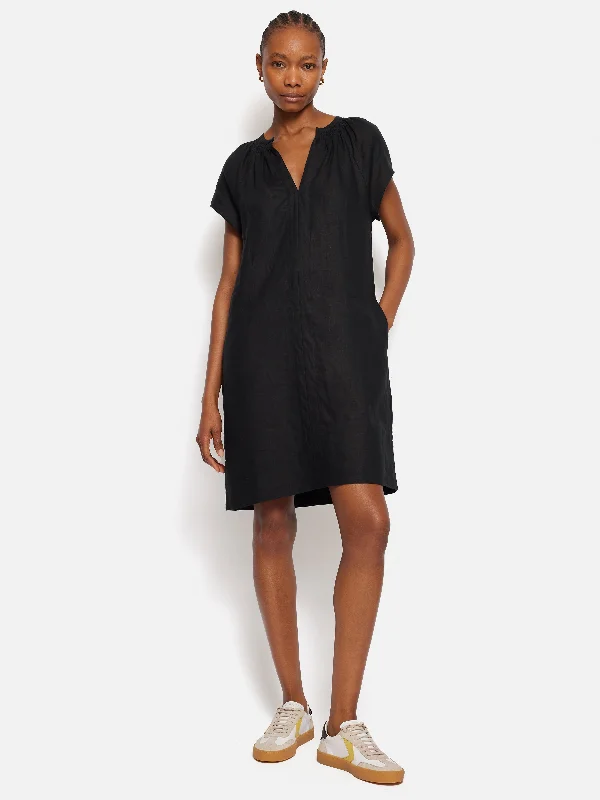 Linen Smocked T-shirt Dress | Black