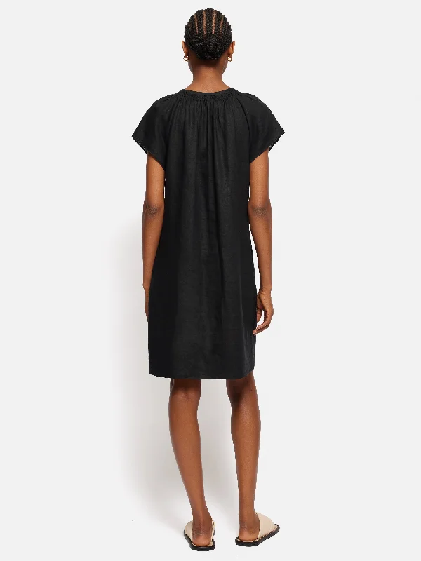 Linen Smocked T-shirt Dress | Black