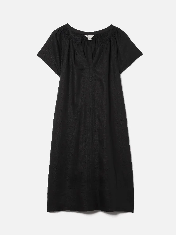 Linen Smocked T-shirt Dress | Black